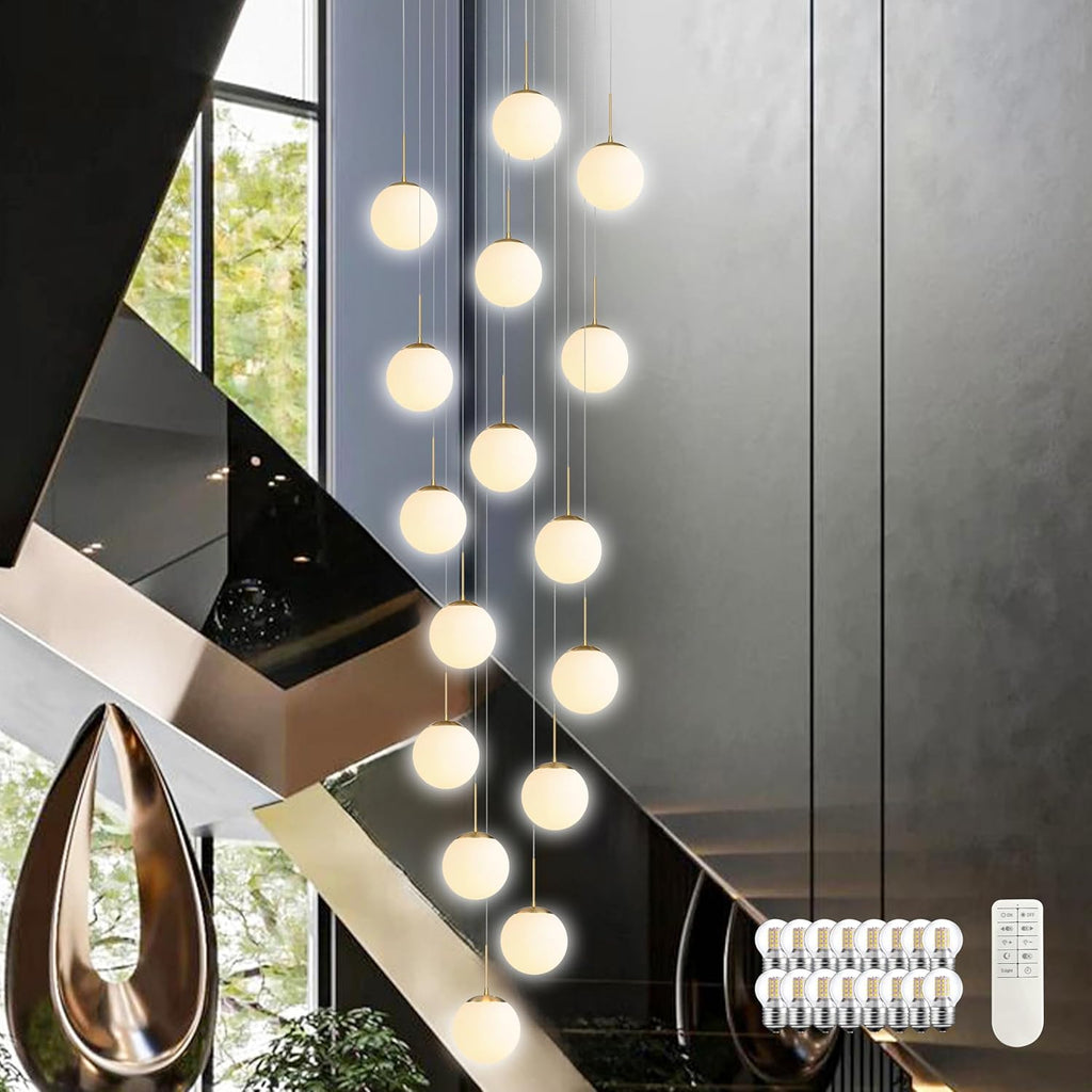 KoKo&Yukina 16-Light Gold Mid Century Modern Chandelier for Living Room Staircase Chandelier for Entryway Globe Milky White Glass Pendant Light High Ceiling Chandeliers Foyer (Bulb & Remote Incl.)