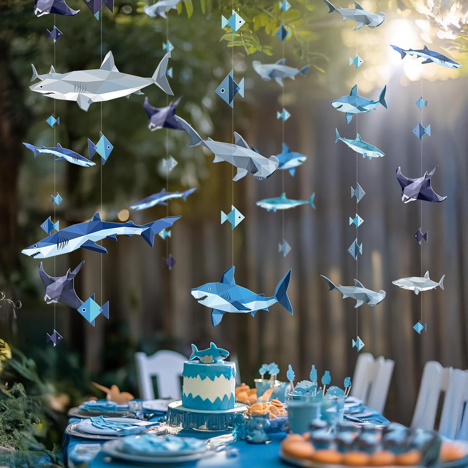 Cheerland Shark Birthday Party Decorations Hanging Shark Garland Decor Theme Backdrop Banner for Under The Sea Geometric Blue Ocean Nautical Pool Party Summer Halloween Streamers Decor Supplies