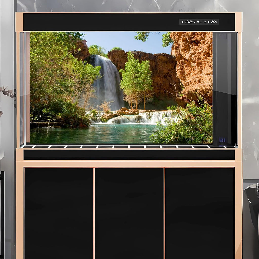 Waterfall Aquarium Background Natural Jungle Forest Landscape Terrarium Background Tranquil Lake Stream Jungle Style Fish Tank Background Mountain Falls Aquarium Backdrop Poster Vinyl 72x24in