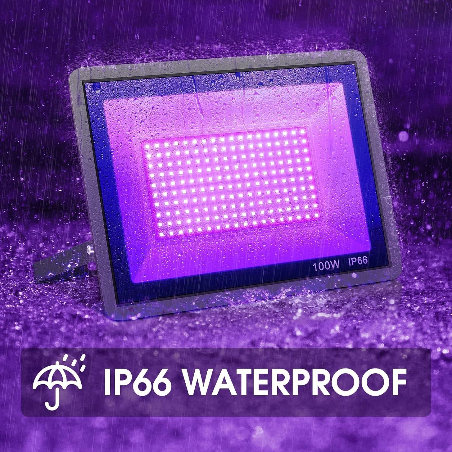 3 Pack 100W LED Black Lights, Blacklight Flood Light with Plug and Switch, 120V IP66 Waterproof Blacklight for Halloween Party, Glow in The Dark, Stage Light, Body Paint, Neon Glow