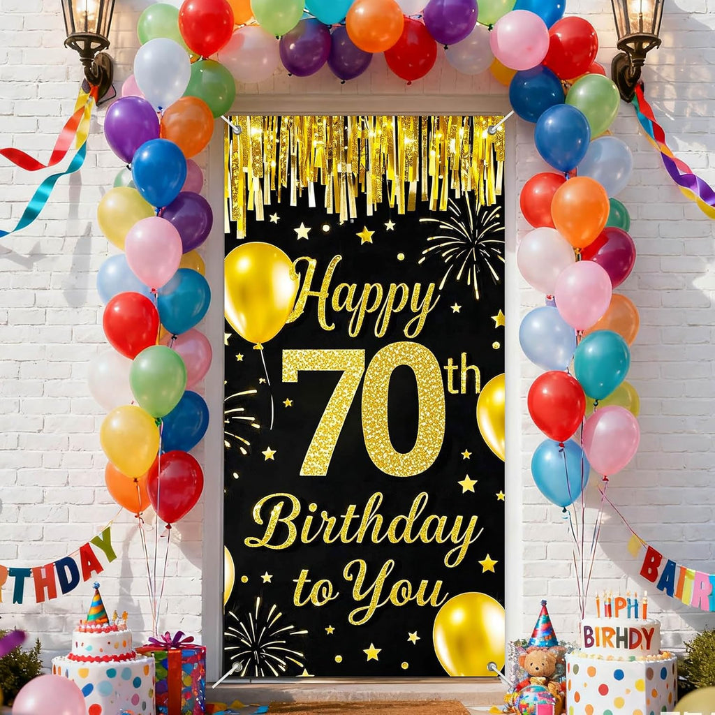 IVN 70th Birthday Door Cover 71x35 Inch Black Gold Birthday Banner for Party Decorations Balloons Stars Fireworks Backdrop Sign for Men Women Photo Booth Prop Wall Decor