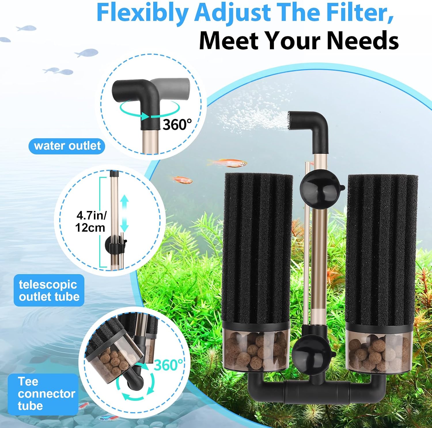 hygger Aquarium Double Sponge Filter: Upgraded Sponge Filter with Larger Filtration Area, Come with Extendable Clip, 2 Spare Biochemical Sponges, Bioceramic Balls, for Freshwater Saltwater Tank - S