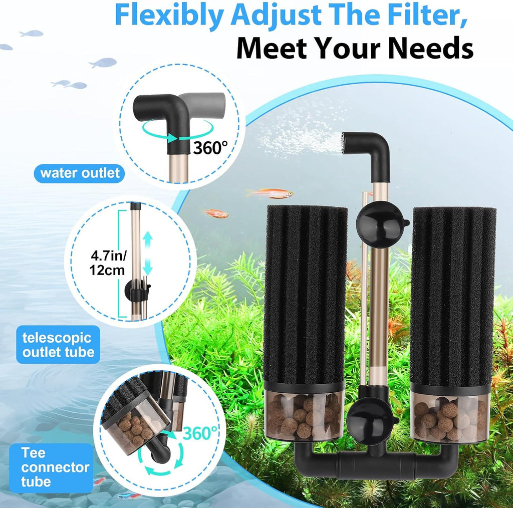 hygger Aquarium Double Sponge Filter: Upgraded Sponge Filter with Larger Filtration Area, Come with Extendable Clip, 2 Spare Biochemical Sponges, Bioceramic Balls, for Freshwater Saltwater Tank - M