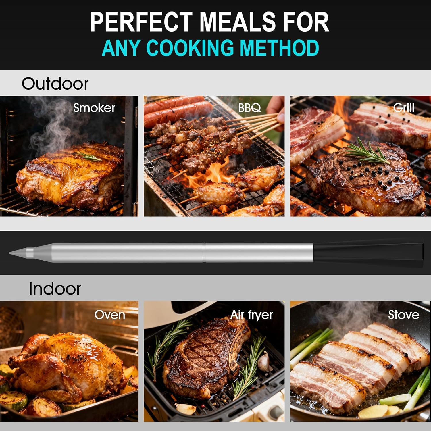 Wireless Meat Thermometer Bluetooth Digital, Smart Meat Thermometer with Booster Base, IP67 Waterproof Probe, ±1.8°F Accuracy, 100m Range, Rechargeable BBQ Cooking Thermometer for Grill, Smoker Black