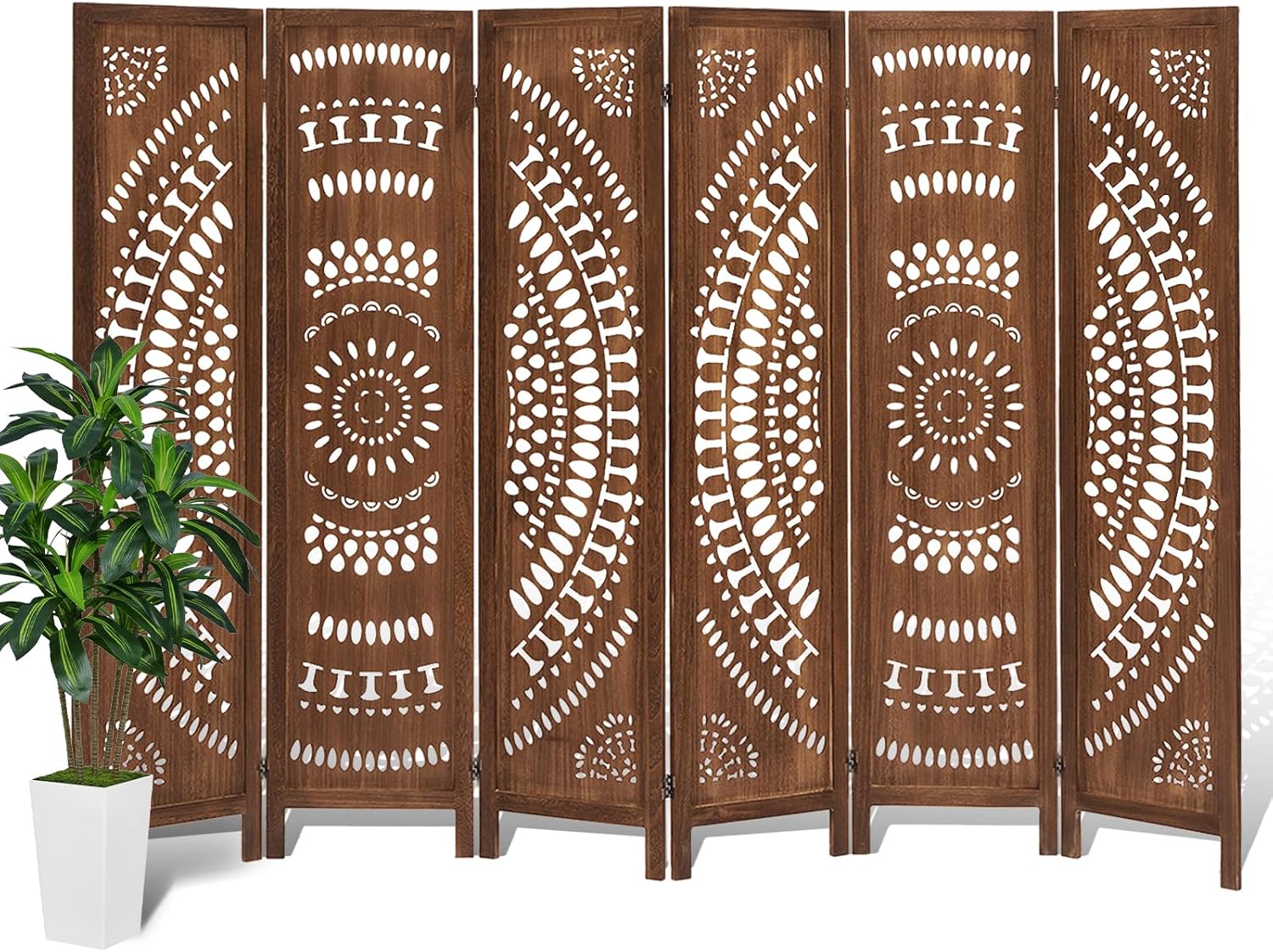 Carved Room Divider Wall, 5.6 FT Tall Room Divider Room, 6 Panel Wood Screen, Portable Freestanding Wall Divider Screen for Room Separation Home Bedroom Office Restaurant (Dark Brown)