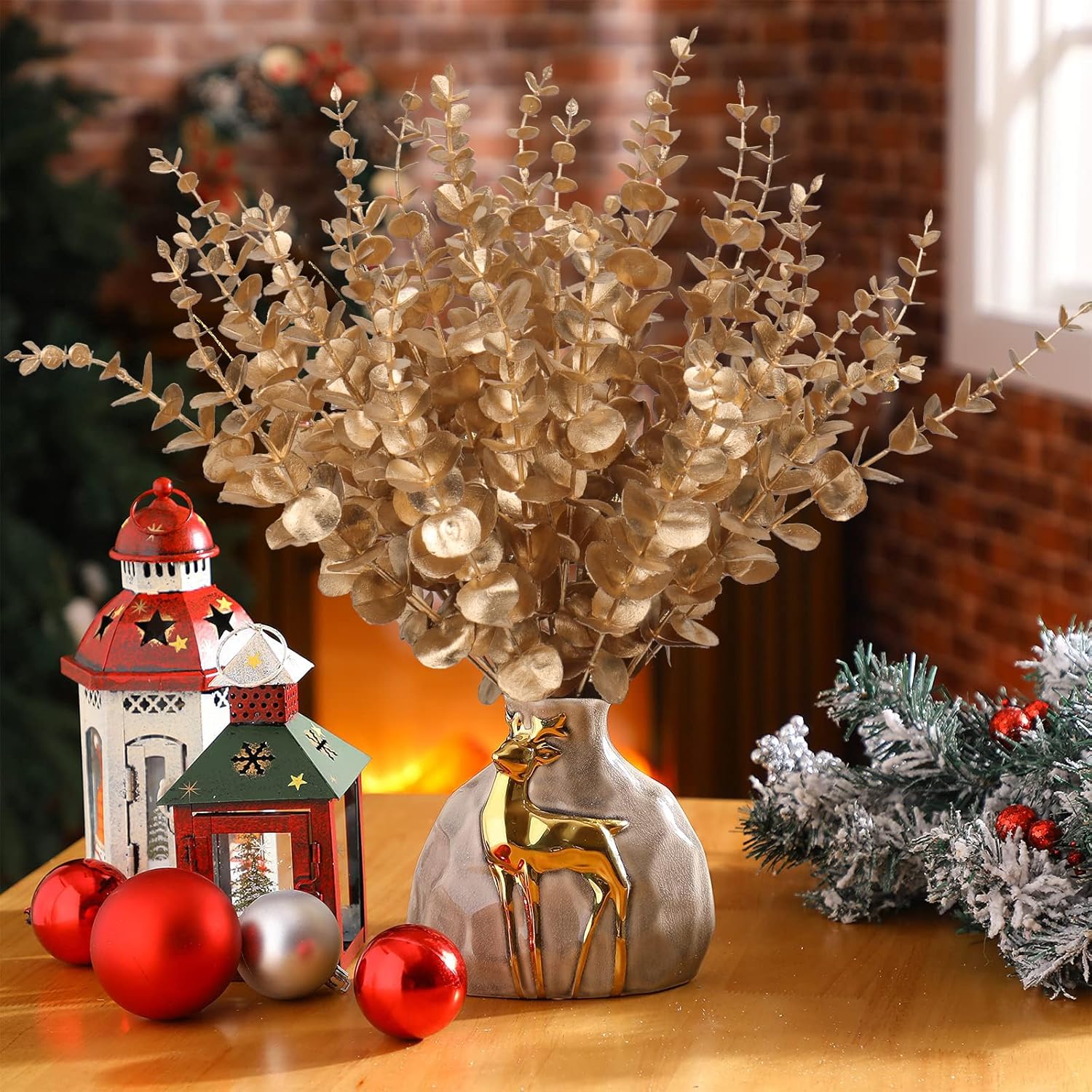 RECUTMS 36 Pcs Gold Eucalyptus Leaves Stems 15 inch Artificial Leaf Branches for Autumn Fall Wedding Centerpiece Flower Bouquet Christmas Picks Floral Arrangemen Office Home Table Decor