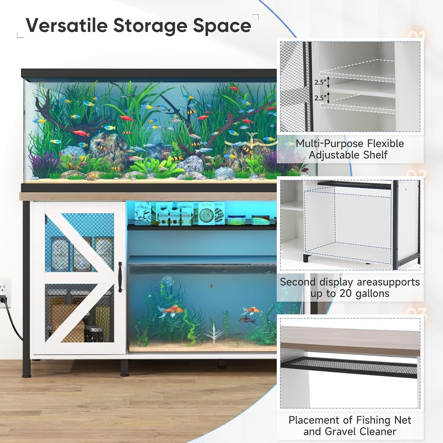 Verano 55-75 Gallon Aquarium Stand with Cabinet, Fish Tank Cabinet with Power Outlets & LED Light, Modern Turtle Tank Stand 52 inch x 19.7-inch Desktop, Heavy Duty Metal Frame,1100LBS Capacity (White)