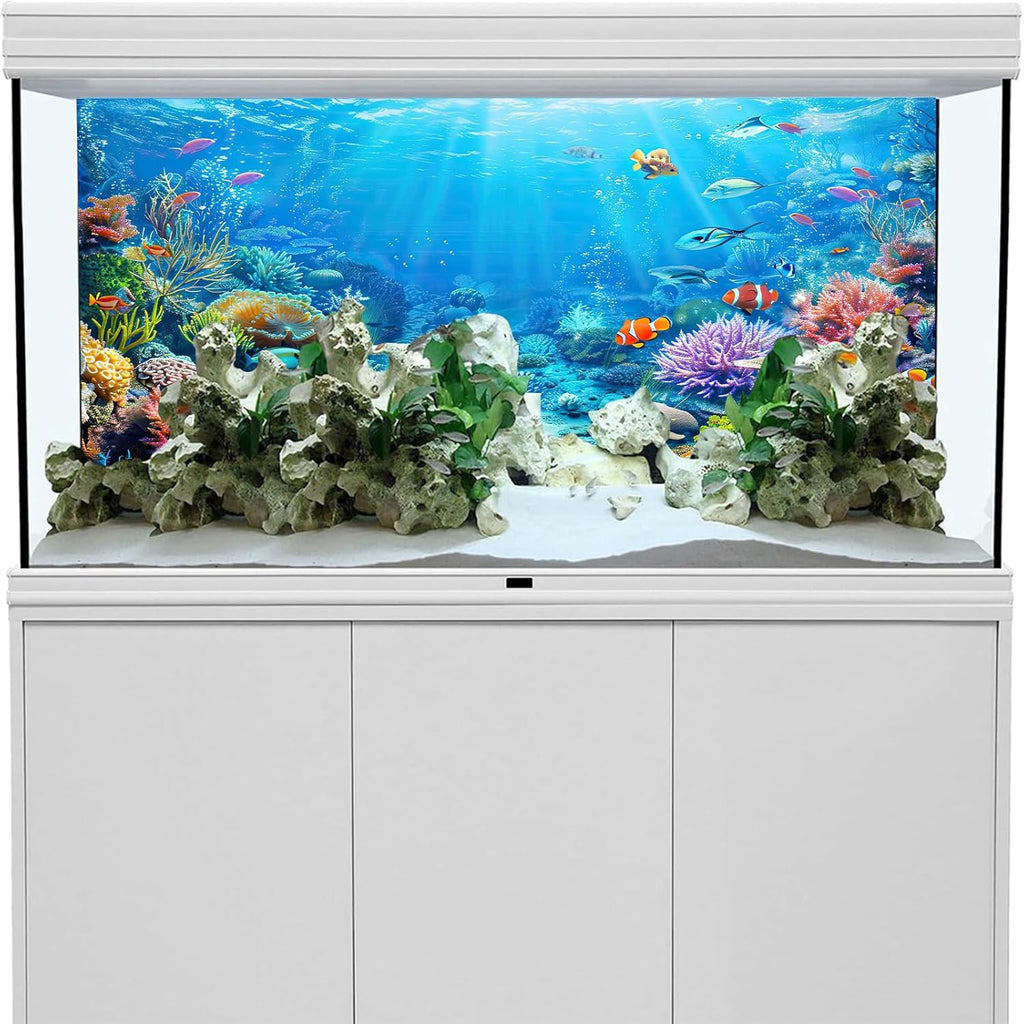 Underwater World Aquarium Background, Seaworld Ocean Floor Tropical Fish Coral Reef Aquatic Nature Plant Fish Tank Backdrop Decor, Polyester Fabric with 6 EVA Double-Sided Tapes 36x18 inches/90x45cm