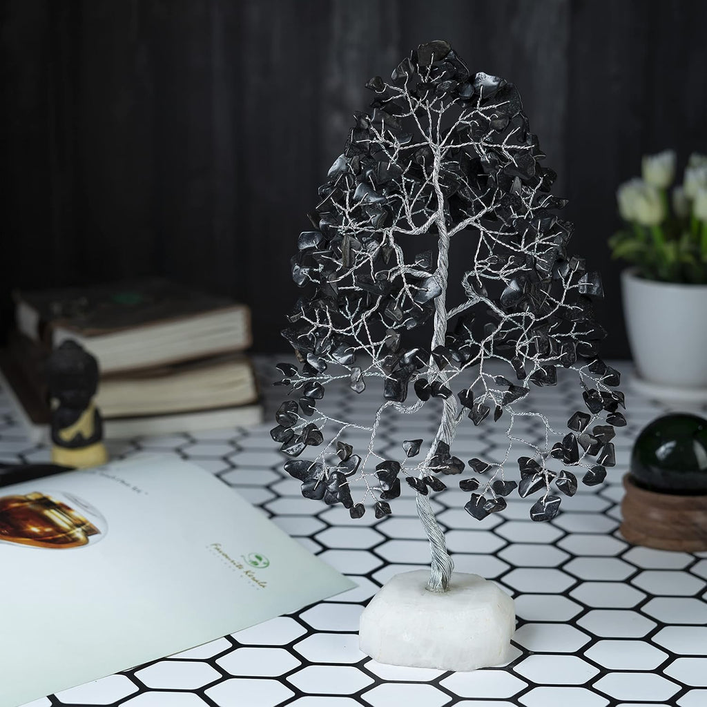 Black Tourmaline Gemstone Tree of Life Quartz Base Chakra Tree for Positive Energy, Handmade Crystal Tree Feng Shui Decor Money Tree Bonsai Good Luck Black Healing Crystals Spiritual Fathers Day Gift