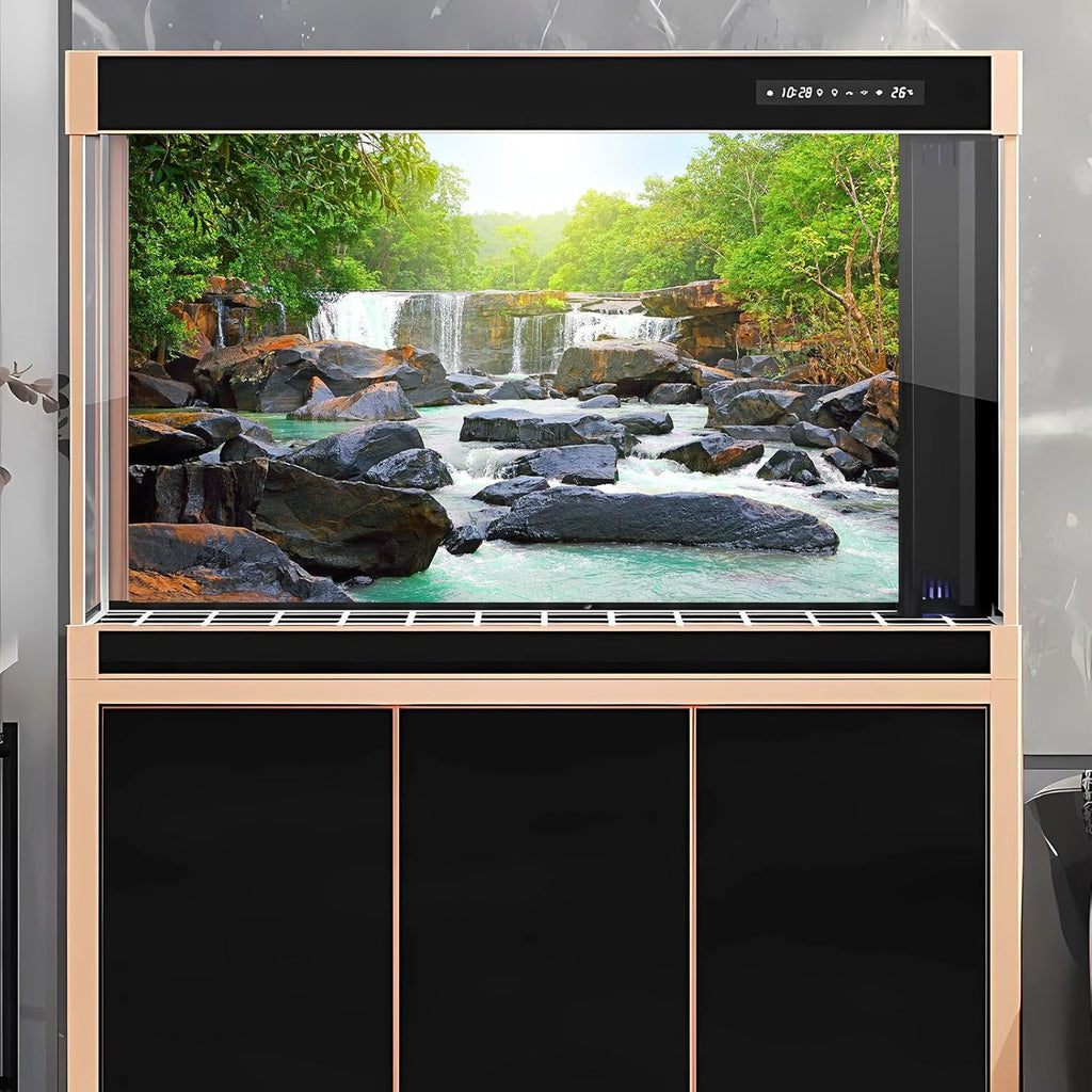 Waterfall Aquarium Background Natural Jungle Forest Landscape Terrarium Background Lush Green Trees Plants Stream Fish Tank Background Falls Forest Rocks Reptile Background Vinyl 24x16in