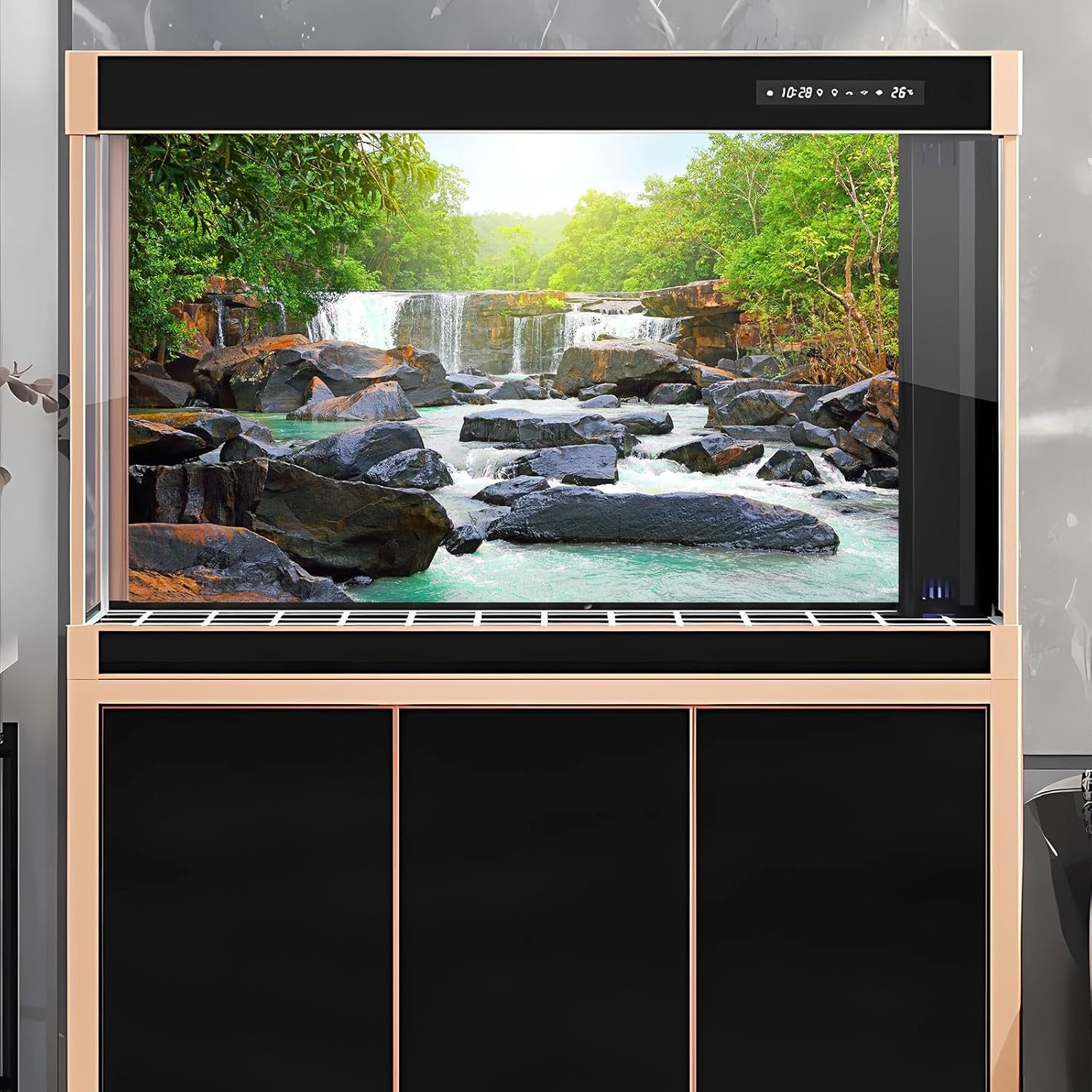 Waterfall Aquarium Background Natural Jungle Forest Landscape Terrarium Background Lush Green Trees Plants Stream Fish Tank Background Falls Forest Rocks Reptile Background Vinyl 48x20in