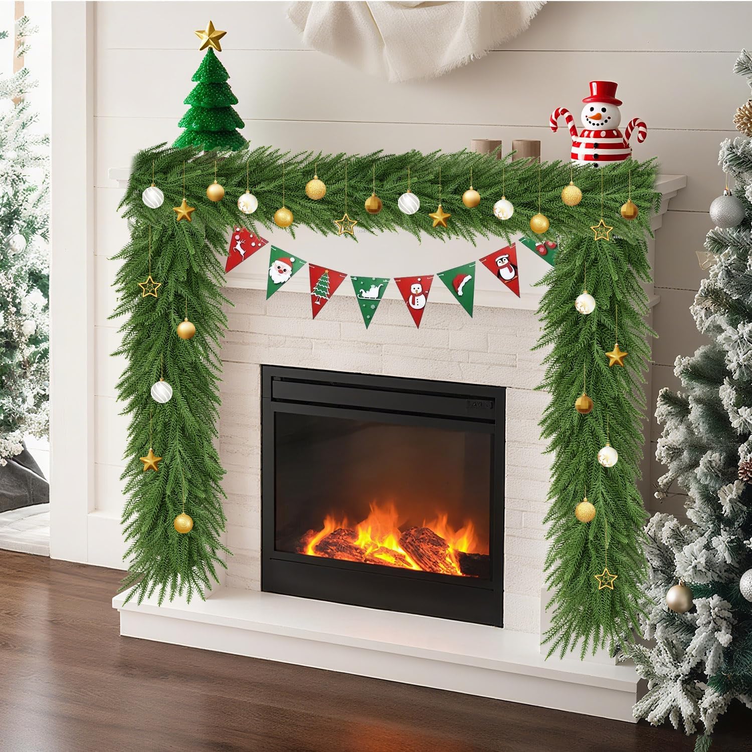 9 Ft Norfolk Pine Garlands,Artificial Christmas Real Touch Greenery Garland Realistic Faux for Mantle,Table,Sairs,Wall, Indoor,Outdoor Holiday Christmas Decorations Xmas-Green