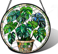 Stained Glass Window Hanging, Green Plant Monstera t Suncatcher Diamond Colorful Glass Panel Sun Catchers Decor for Birthday for Women, Men, Wife, Aunt, and Mom 7.8 in