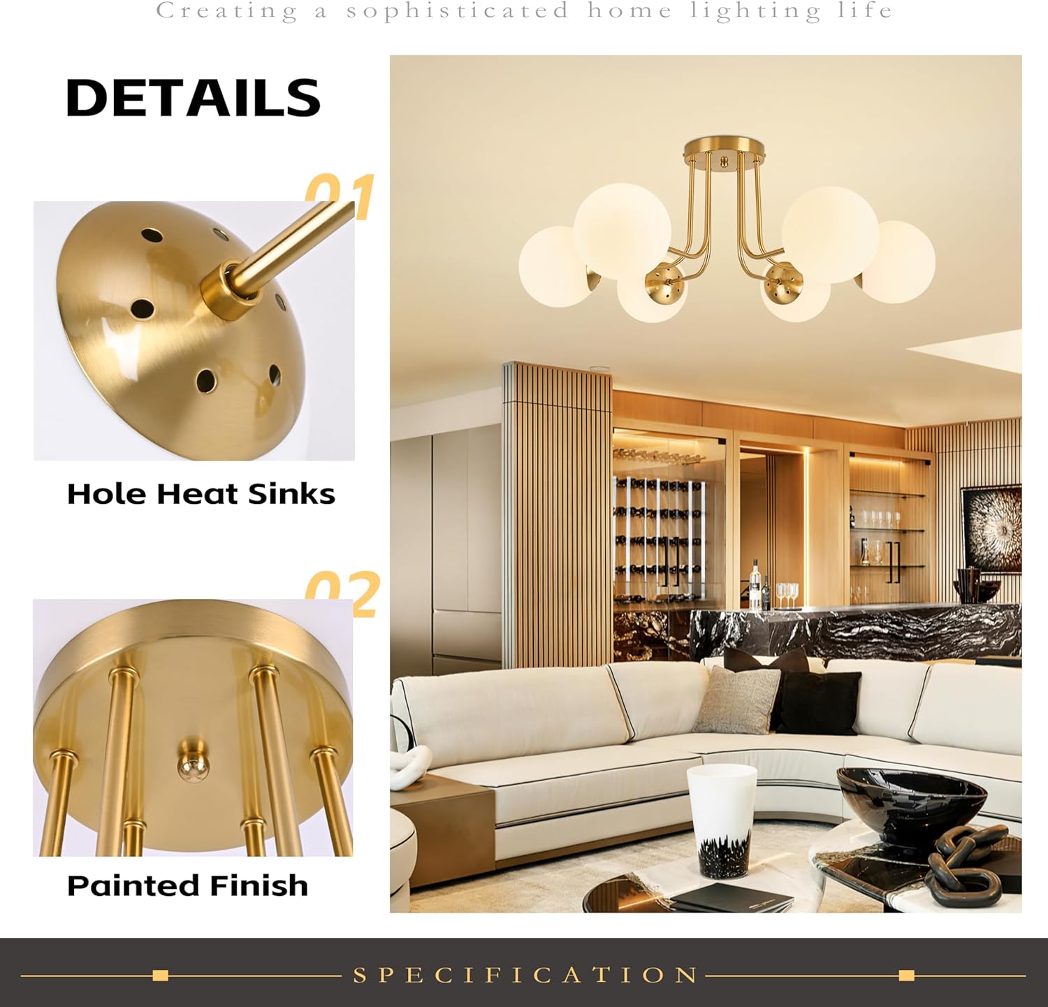 KoKo&Yukina 6-Light Mid Century Ceiling Light Modern Semi Flush Mount Ceiling Light Fixture Globe Ceiling Light with Milk Glass Shade Brushed Brass Finish for Bedroom Hallway Dining Room Living Room