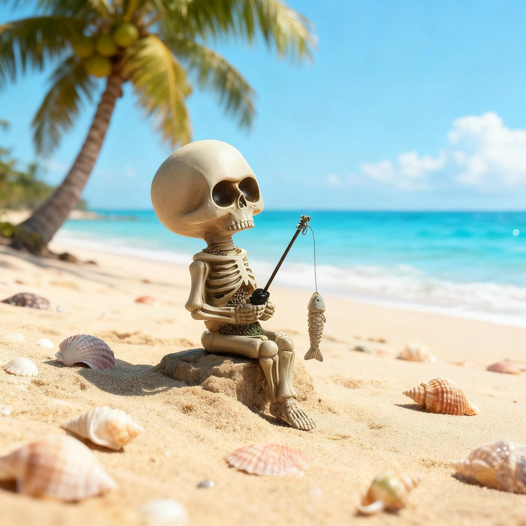 Cute Funny Skeleton Fishing Figurine,Halloween Christmas Decor, Versatile Skull Accessory for Fish Tank, Garden Pond, Desk & Bookshelf