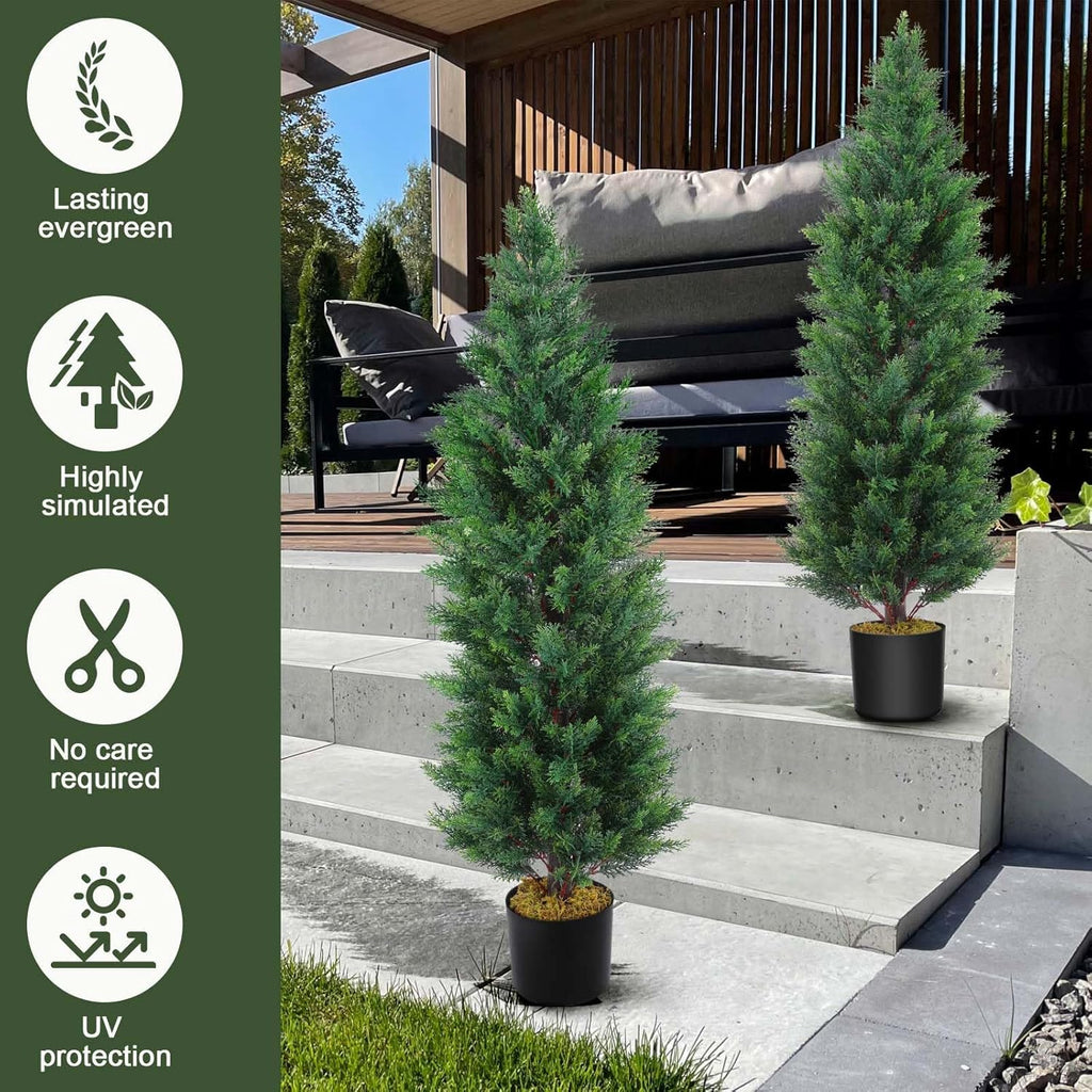Hananona 2 Pcs 4 Ft Artificial Topiary Cedar Trees, Outdoor Faux Pine Shrubs, Realistic Fake Greenery Plants UV Resistant Cypress Trees for Christmas Porch Front Door Decor (2, Green, 4 Ft)