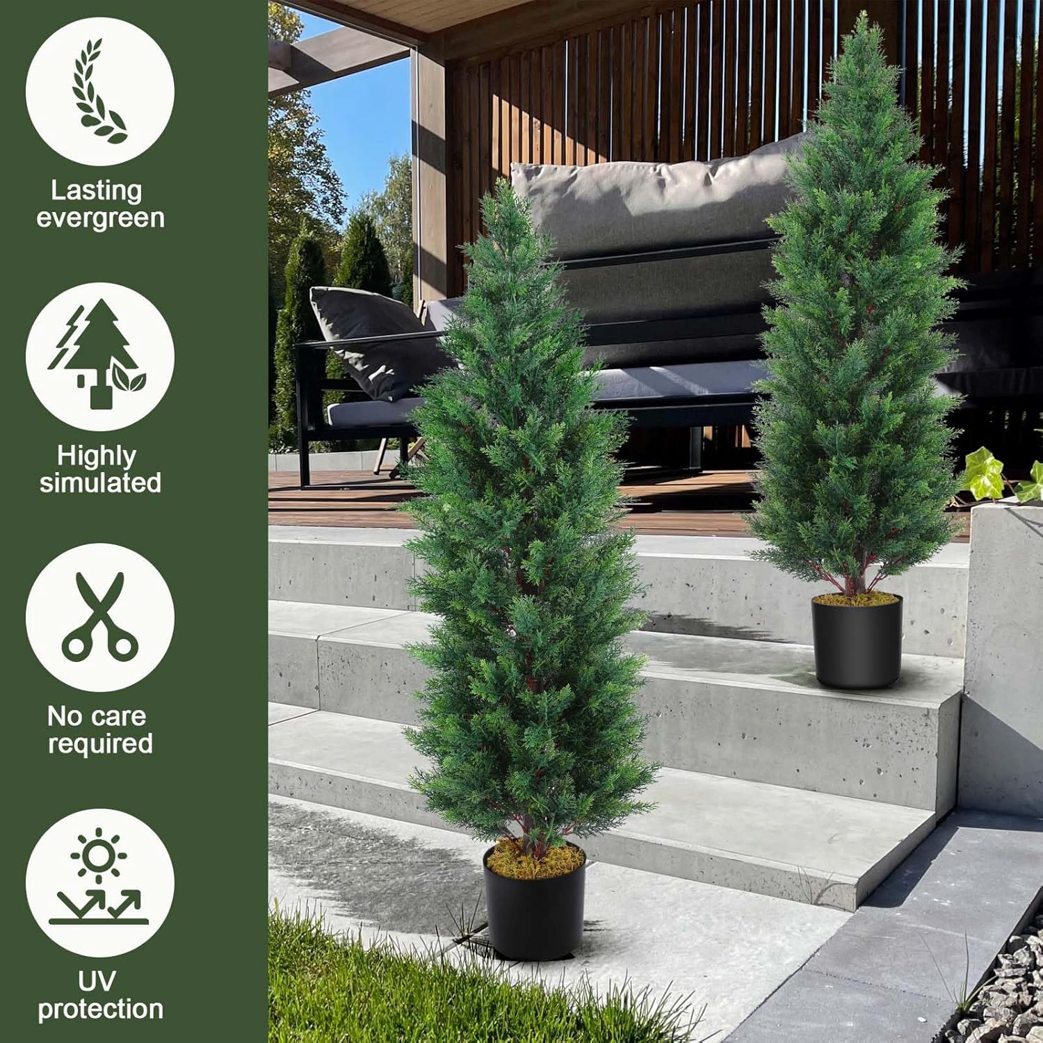 Hananona 2 Pcs 4 Ft Artificial Topiary Cedar Trees, Outdoor Faux Pine Shrubs, Realistic Fake Greenery Plants UV Resistant Cypress Trees for Christmas Porch Front Door Decor (2, Green, 4 Ft)