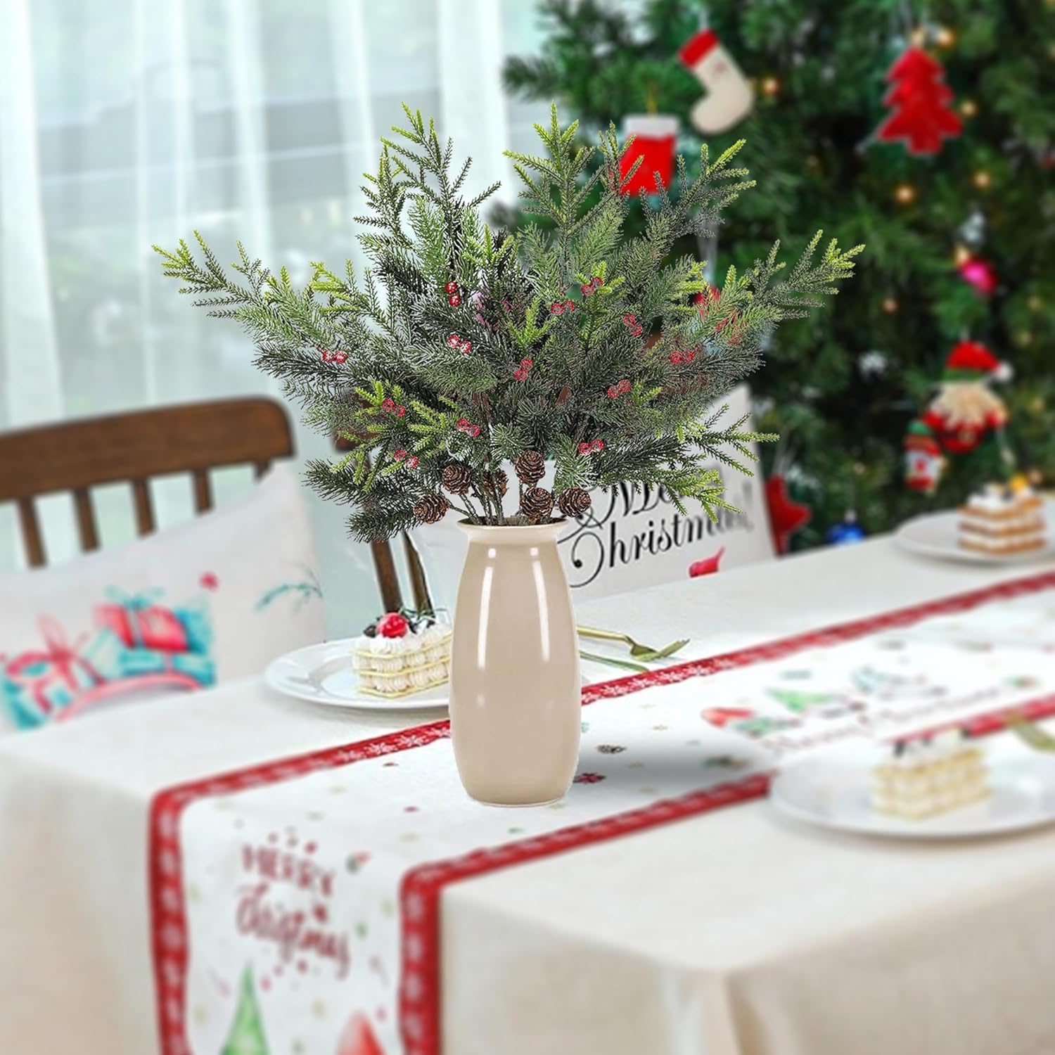 6 Pack Pine Branches with Red Berry, Sliver Christmas Stems for Vases, Artificial Floral Picks for Xmas Indoor Winter Holiday Decor,20 Inch