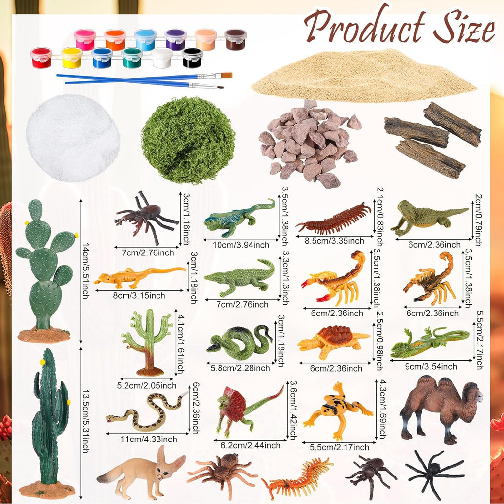 Soulchen 36 Pcs Desert Cardboard Diorama Box Kit 3D Desert Diorama Play Set Model Cactus Kit with Reptiles Camel Fennec Fox Lizard Snake Spiders for Birthday Gifts