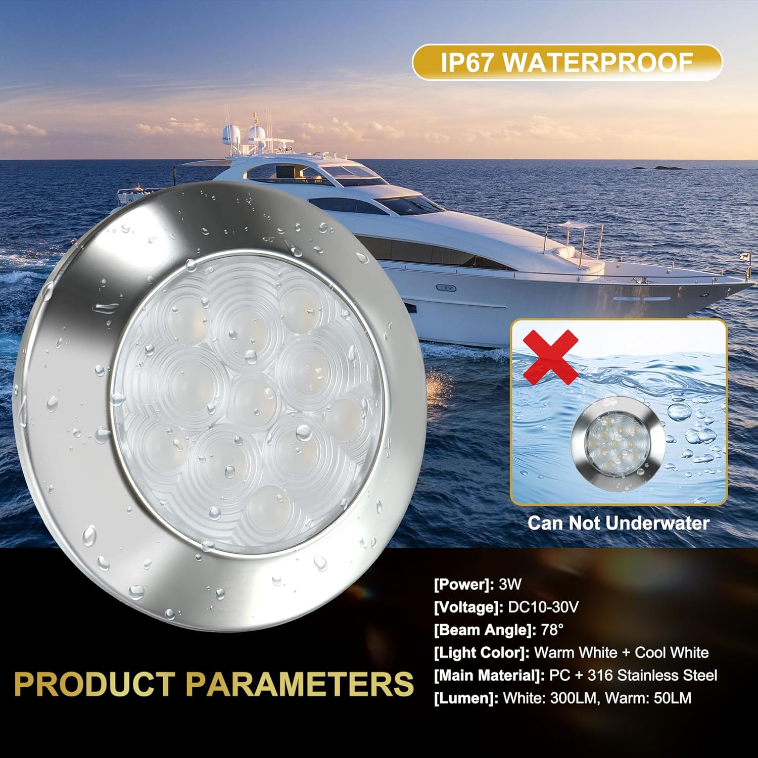 Goldlife B3 LED Marine Courtesy Light Boat Interior Light, 2.8" 11LED DC10-30V IP67 316 Stainless Boat Cabin Ceilling Lights, Multicolor Surface Mount RV Transom Deck Yacht Lighting