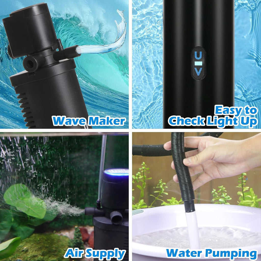 158GPH Small Aquarium Filter, UV Sterilizer for Aquarium for 10-45 Gallon Tank, Internal Pump for Turtle Betta Fish Tank Filter Silent 4-in-1 Green Killing Machine with Fish Tank Filters Deodorization