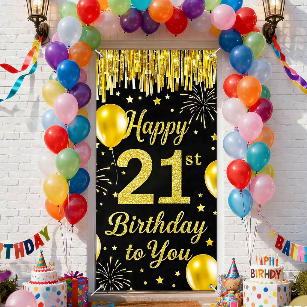 IVN 21st Birthday Door Cover 71x35 Inch Black Gold Birthday Banner for Party Decorations Balloons Stars Fireworks Backdrop Sign for Men Women Photo Booth Prop Wall Decor