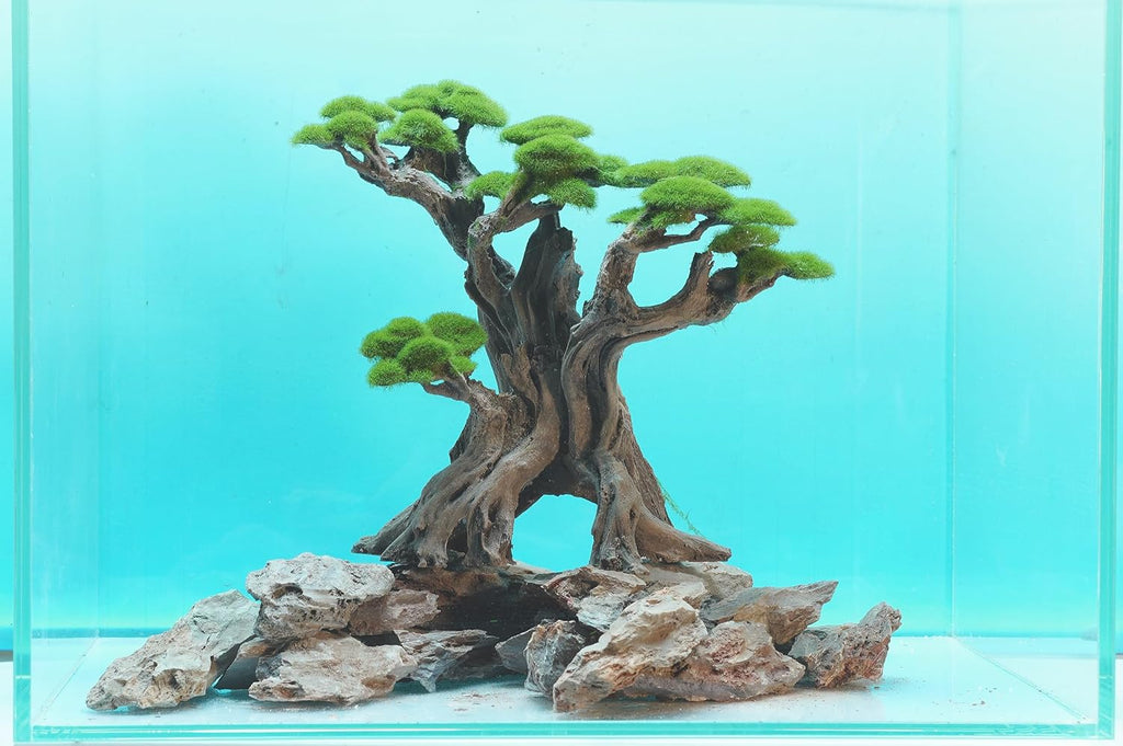 Novelsite Fish Tank Decor- Bonsai Tree of The Forest with Faux Moss- Aquarium Decoration Aquascaping- Made of Sandstone, 8.8 x 4.3 x 7.8 inches