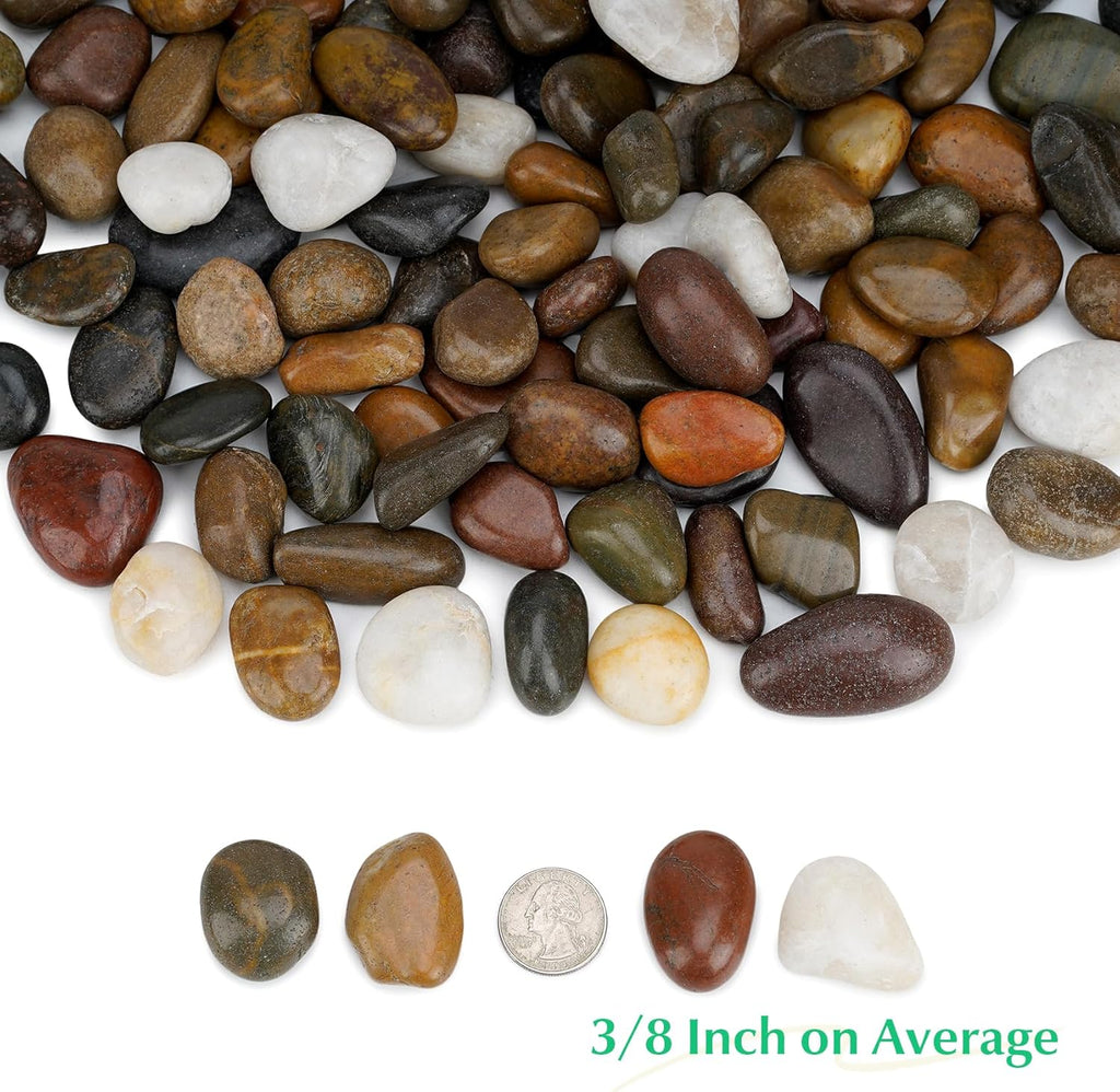 Mr. Fireglass Polished Pebbles, 3/8" Natural Decorative Mixed Color Stones Aquarium Gravel River Rocks for Potted Plants, Landscaping and Home Decor (5-lb Bag)