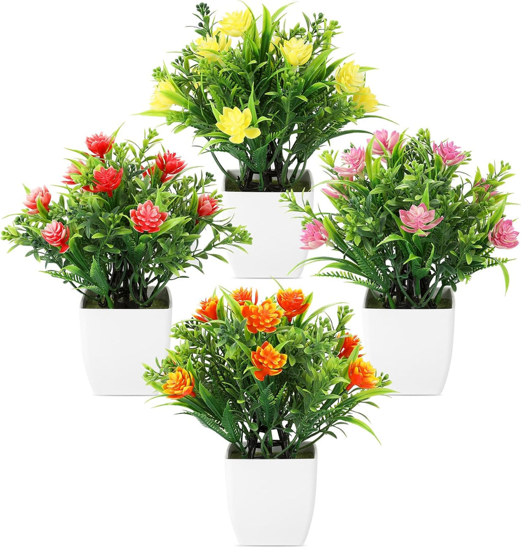 Fake Plants 4 Packs, Small Artificial Plants with Flowers, Black Faux Plants for Bathroom, Office, Home, Conference Table Decor, Indoor Desk Decor for Library, Restaurant (Spring Color 2)