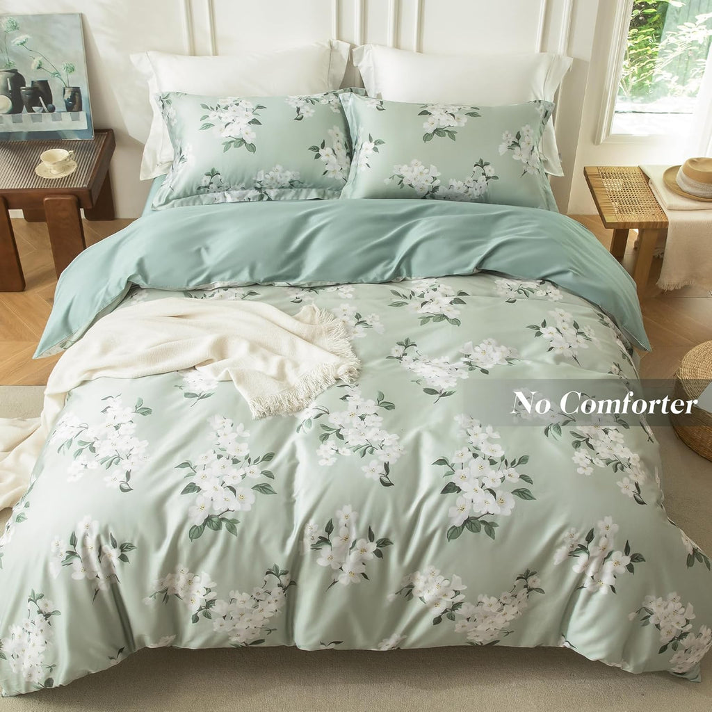 MILDLY Cal King Size Duvet Cover Set 100% Long-Staple Cotton Luxury Sage Green Floral Patten Reversible Comforter Cover Set 3Pcs