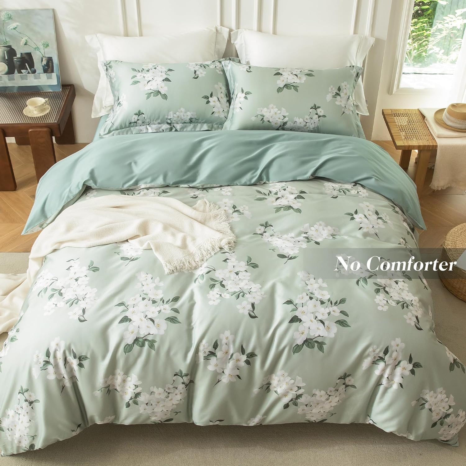 MILDLY Cal King Size Duvet Cover Set 100% Long-Staple Cotton Luxury Sage Green Floral Patten Reversible Comforter Cover Set 3Pcs