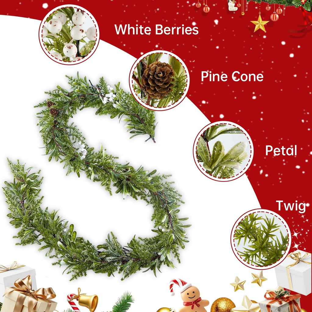 6FT Christmas Garland – Artificial Greenery Olive Garland with White Berries, Pinecones & 20 Warm LED Timer Lights – Holiday Garland for Home, Wedding, Party Decorations