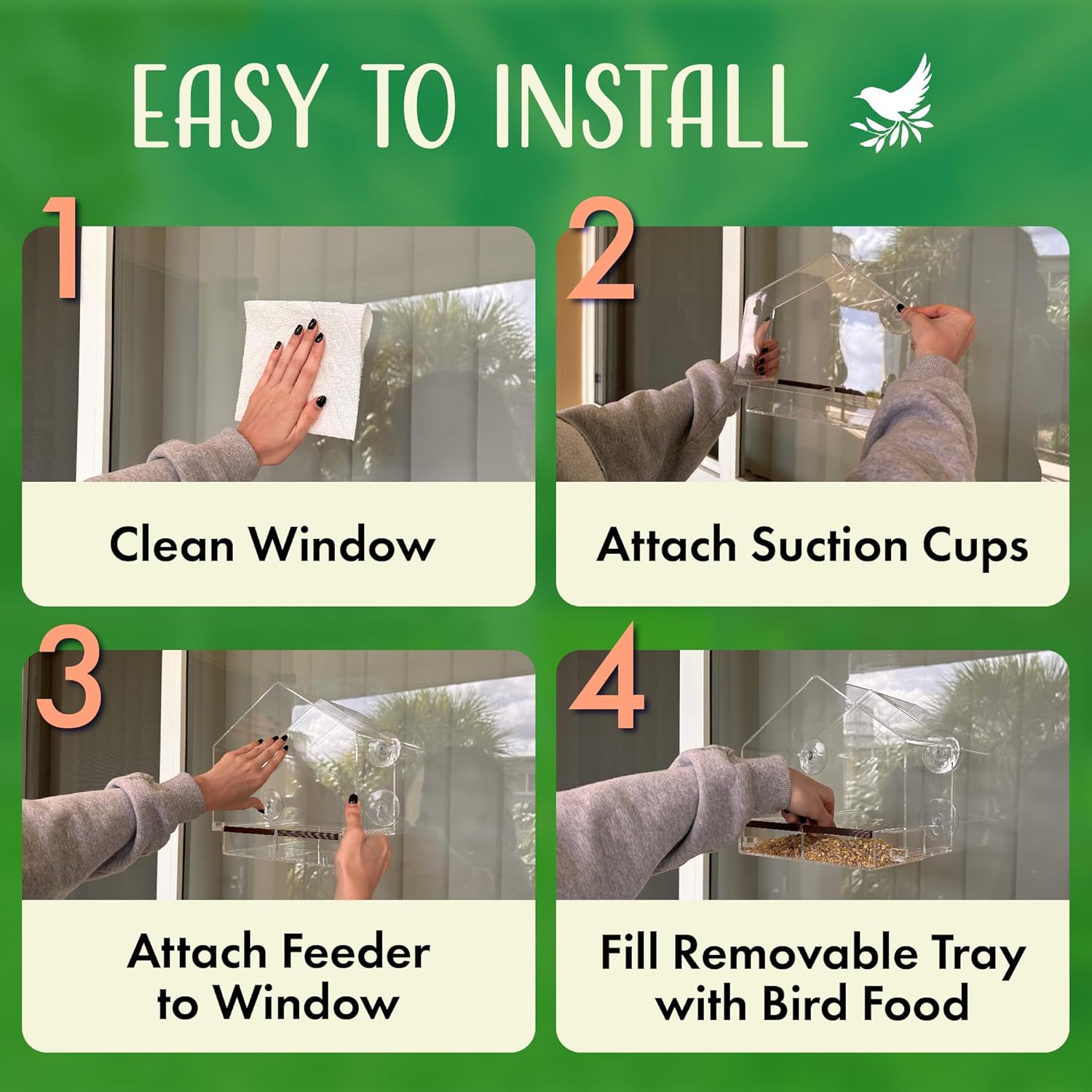 Window Bird Feeder with Strong Suction Cups, Clear Window Feeders for Outside - Transparent Bird House, Balcony Glass Mount, Acrylic Cat, Kids & Elderly Viewing