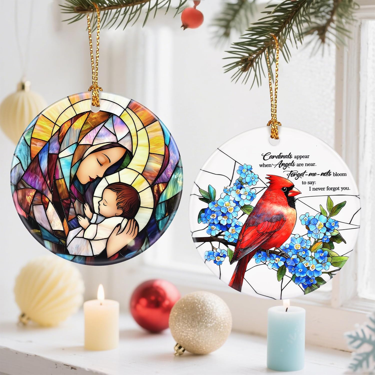 Religious Christmas Tree Decorations - Christmas Ornaments, Keepsake Ornaments, Holiday Decor & Christian/Religious Gifts, Holiday or Xmas Gifts - Baby Jesus and The Blessed Virgin Mary