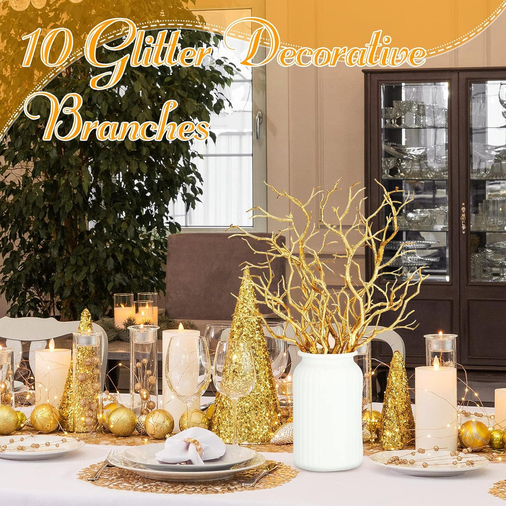 Geosar 13.8 Inch Small Manzanita Branches Plastic Faux Branches Artificial Antler Shaped Tree Branch Decorative Plant Twigs for Home Wedding Table Centerpiece Festival Decors(Glitter Gold,10 Pieces)