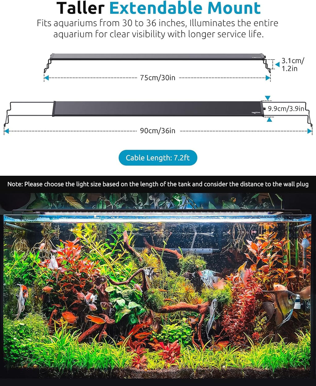 SEAOURA LED Aquarium Plant Light, 24/7 Custom Timer, Power-Off Memory, 7-Row LEDs 30-36in Full Spectrum Fish Tank Lights, 8 Colors, 20 Brightness, Day & Night Cycle, Adjustable Mount for Freshwater
