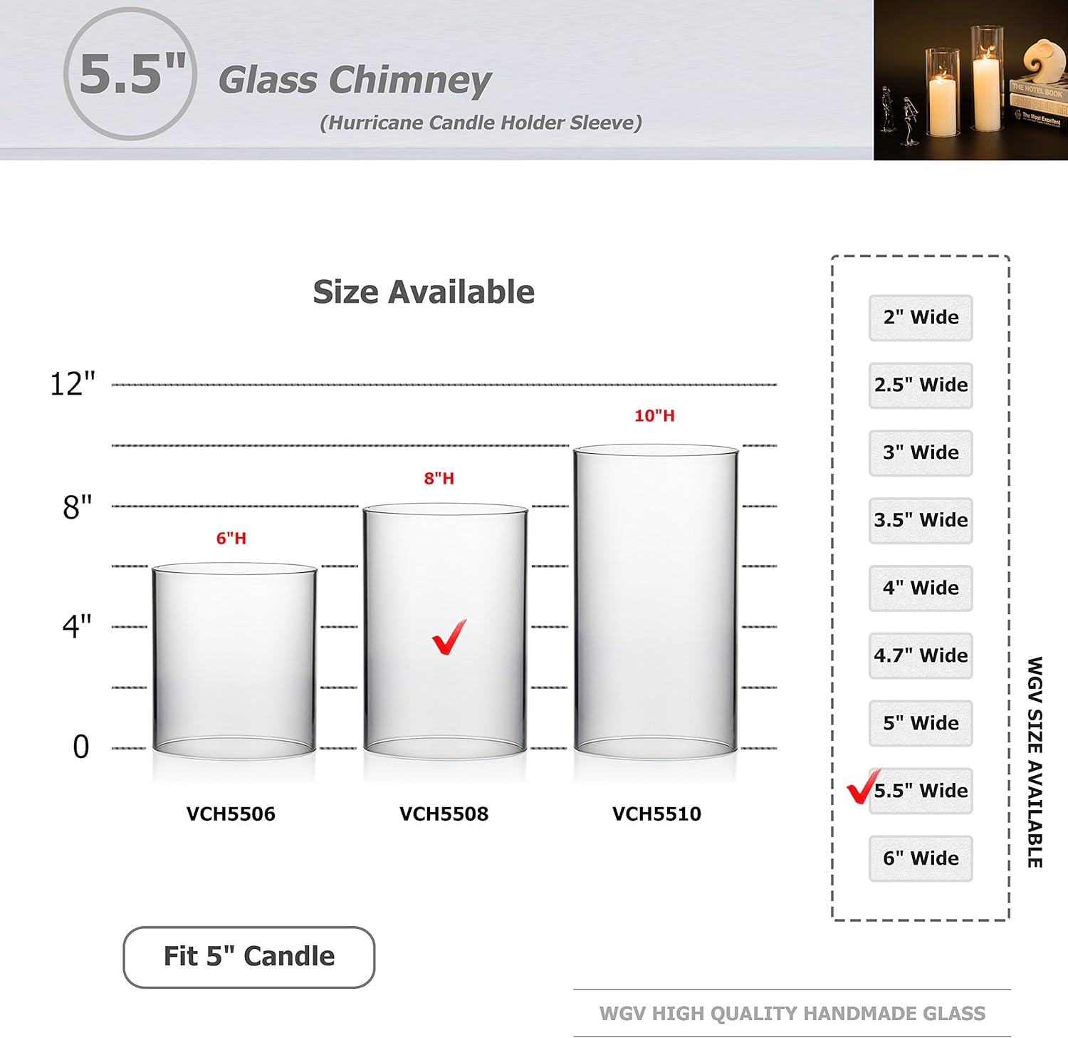 WGVI Hurricane Candle Holder Sleeve, Wide 5.5", Height 8", Clear Glass Cylinder Candleholder, Chimney Tube, Open Ended Candle Shade, 6 Pieces Bulk