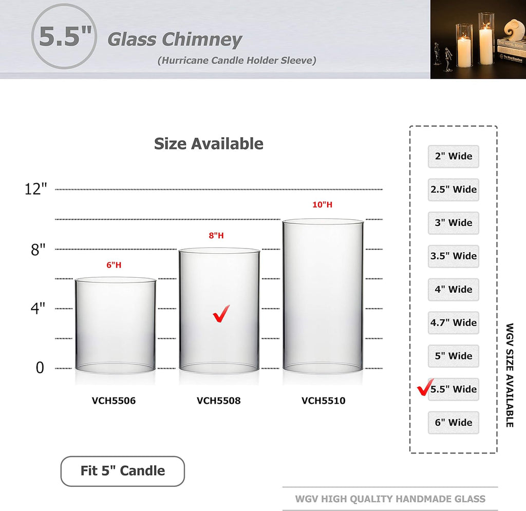 WGVI Hurricane Candle Holder Sleeve, Wide 5.5", Height 8", Clear Glass Cylinder Candleholder, Chimney Tube, Open Ended Candle Shade, 12 Pieces Bulk