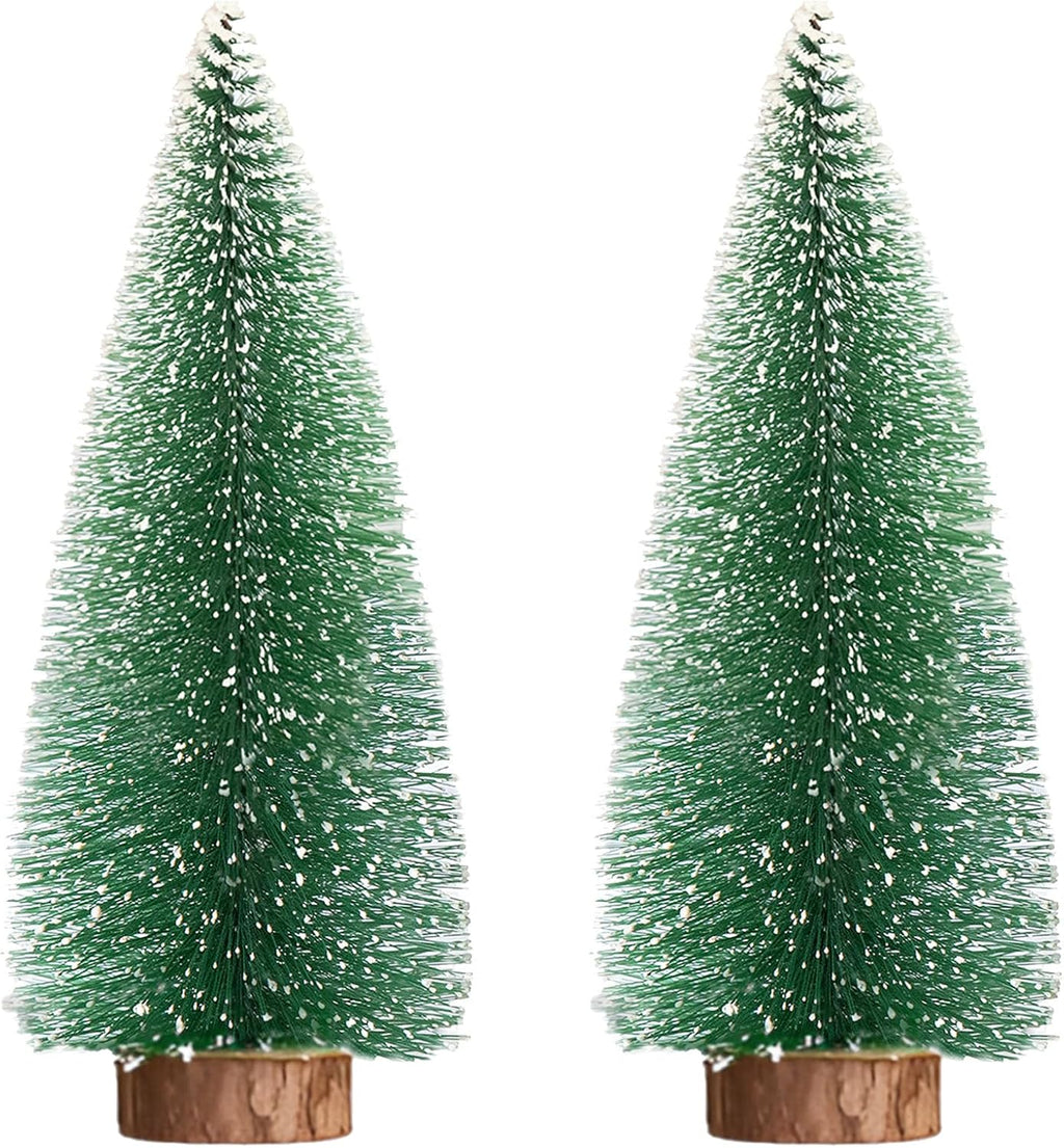 2pcs 12inch Mini Christmas Tree Bottle Brush Trees Chrismas Village Trees Ornaments Mini Plastic Christmas Trees with Wooden Base for Christmas Decoration Miniature Chrismas Tree