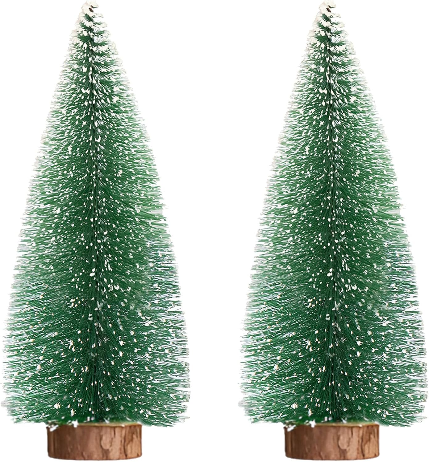 2pcs 12inch Mini Christmas Tree Bottle Brush Trees Chrismas Village Trees Ornaments Mini Plastic Christmas Trees with Wooden Base for Christmas Decoration Miniature Chrismas Tree