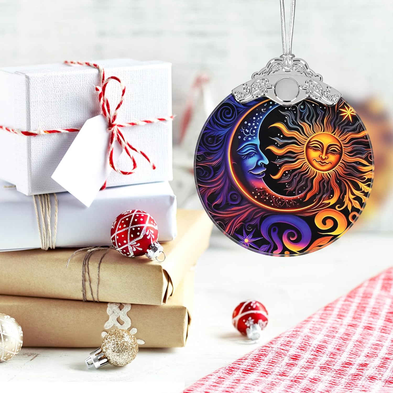 Christmas Ornament, 2025 Ornaments for Christmas Tree, Stained Glass Hanging Ornament, Holiday Ornaments, Unique Gift Idea - Moon Sun