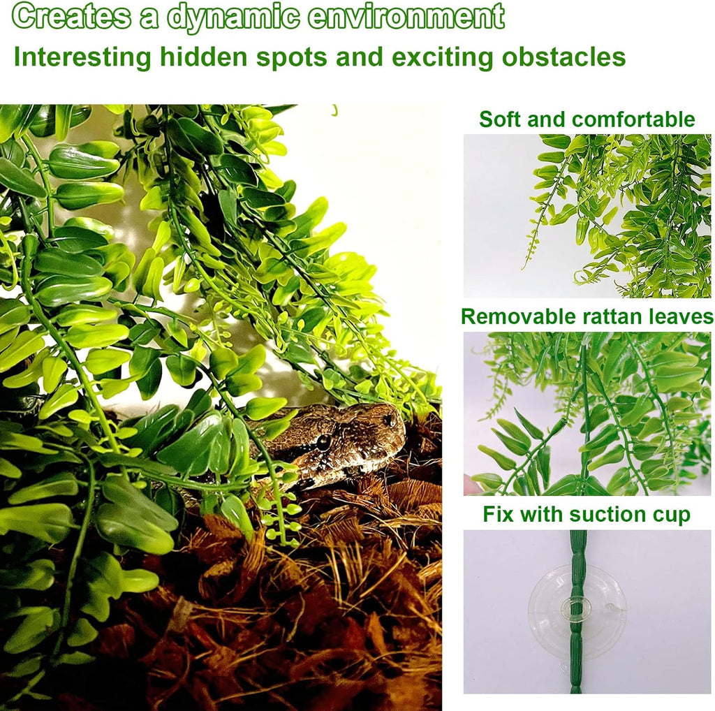 kathson Reptile Corner Branch Climbing Wood & Hanging Fake Plants,1 Reptile Branches & 2 Terrarium Plastic Plant, Bearded Dragons Tank Decor for Amphibians, Lizards, Geckos, Snakes, Frogs, Hermit Crab
