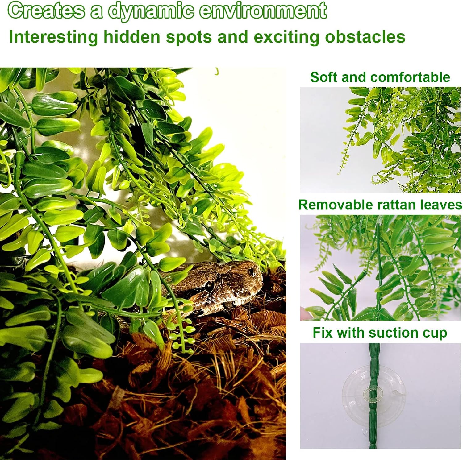 kathson Reptile Corner Branch Climbing Wood & Hanging Fake Plants,1 Reptile Branches & 2 Terrarium Plastic Plant, Bearded Dragons Tank Decor for Amphibians, Lizards, Geckos, Snakes, Frogs, Hermit Crab