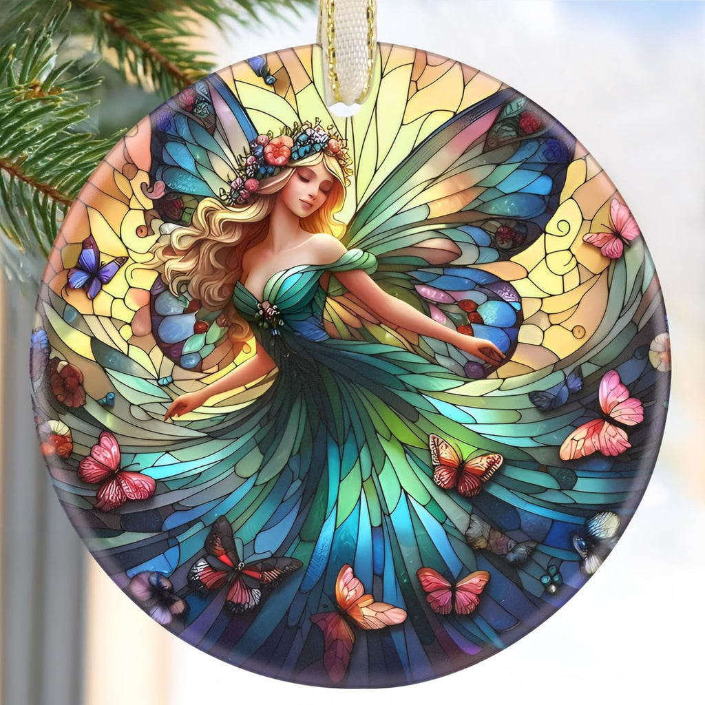 Beautiful Fairy Christmas Tree Ornament - Christmas Decoration, Round Ceramic, Holiday Decor, Gift Idea for Friends