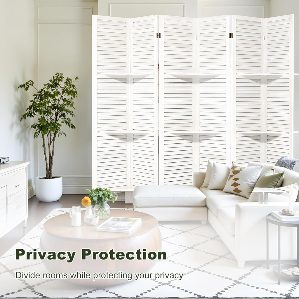 NicBex 6 Panel Room Divider,5.6FT Wood Carved Room Dividers with Display Shelves Folding Privacy Screens Portable Freestanding Partition Wall Dividers for Room Separation,Home Bedroom Office,White