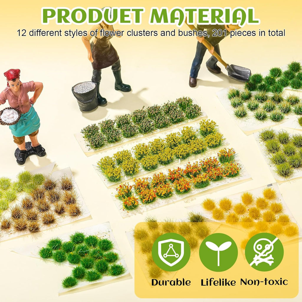 201 Pcs Miniature Terrain Static Grass Tufts Flower Cluster Vegetation Groups Self-Adhesive Artificial Model Grass for DIY Scenery, Model Trains, Miniature Bases & Dioramas