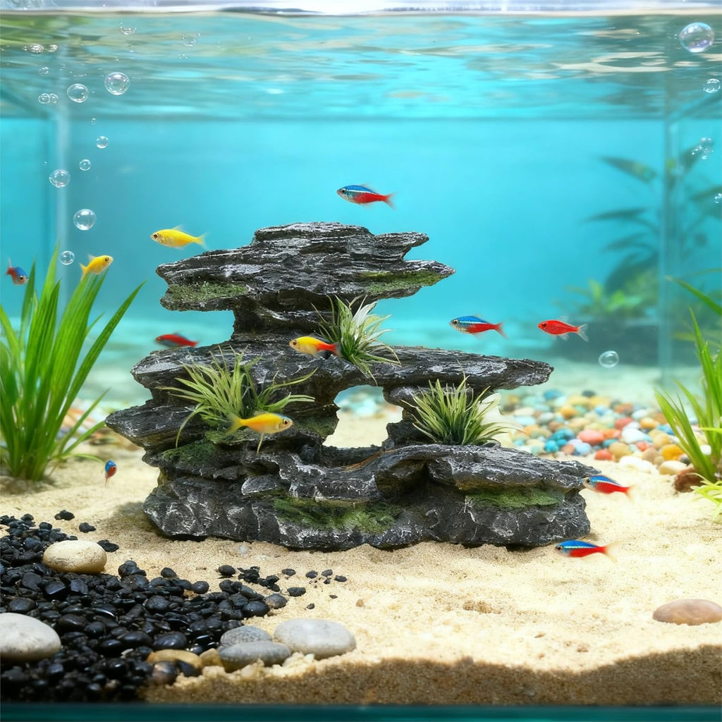 Fish Tank Mountain View Stone Ornament, Large Premium Aquarium Decor, Multi-Functional Spot for Betta, Snails, Turtles to Rest, Play & Basking