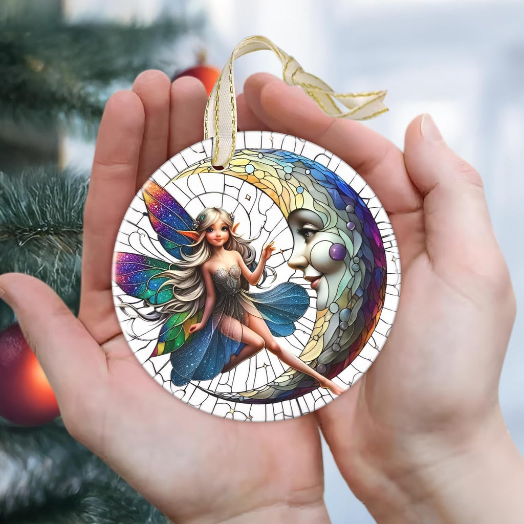 2025 Moon and Fairy Ornaments for Christmas - Round Ceramic, Holiday Decor, Christmas Tree Decoration, Gift Idea for Women