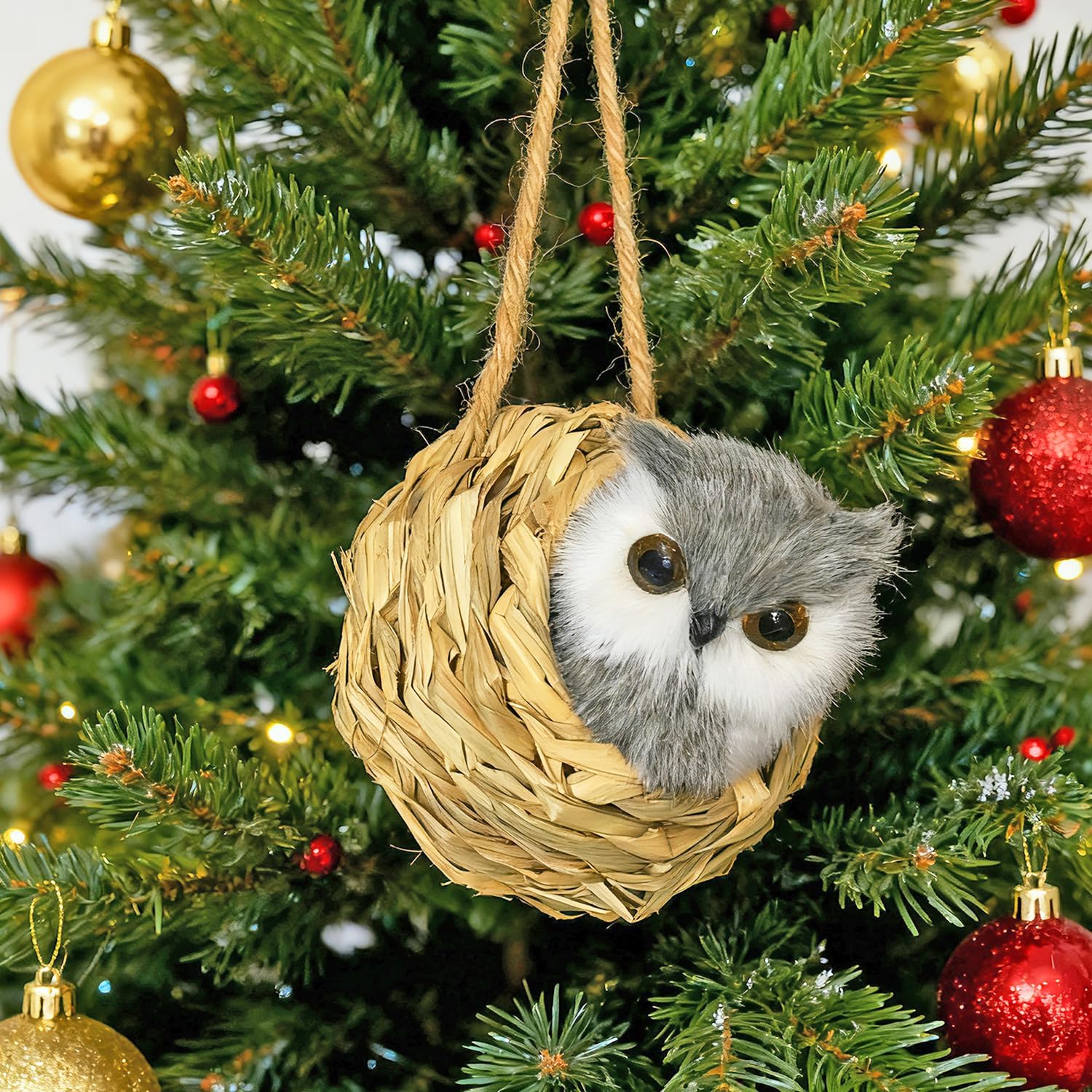 3D Forest Animals Ornaments for Christmas Tree Woodland Furry Animal Ornament Handmade Bird Nest with Plush Animals for Xmas Tree Faux Fur Animal Hanging Decoration Home (4inch Nest & owl)
