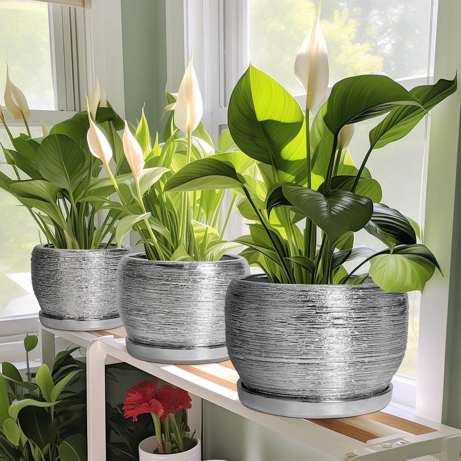 SQOWL Ceramic Pot for Plants - 8 Inch Planter with Drainage Hole and Saucer, Round Planter Indoor Outdoor, Modern Decorative Flower Pot, House Decor, Gifts for Plant Lovers, Silver